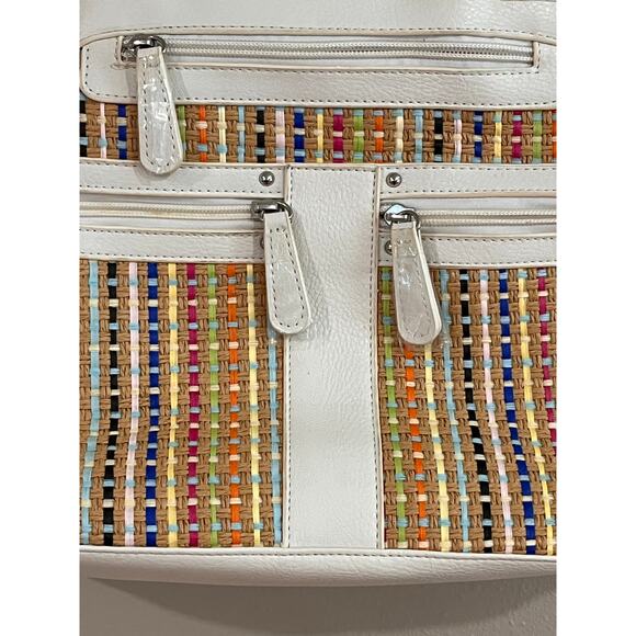 Stone Mountain Multicolor Straw Satchel Bag White Faux Leather Trim - Picture 5 of 16